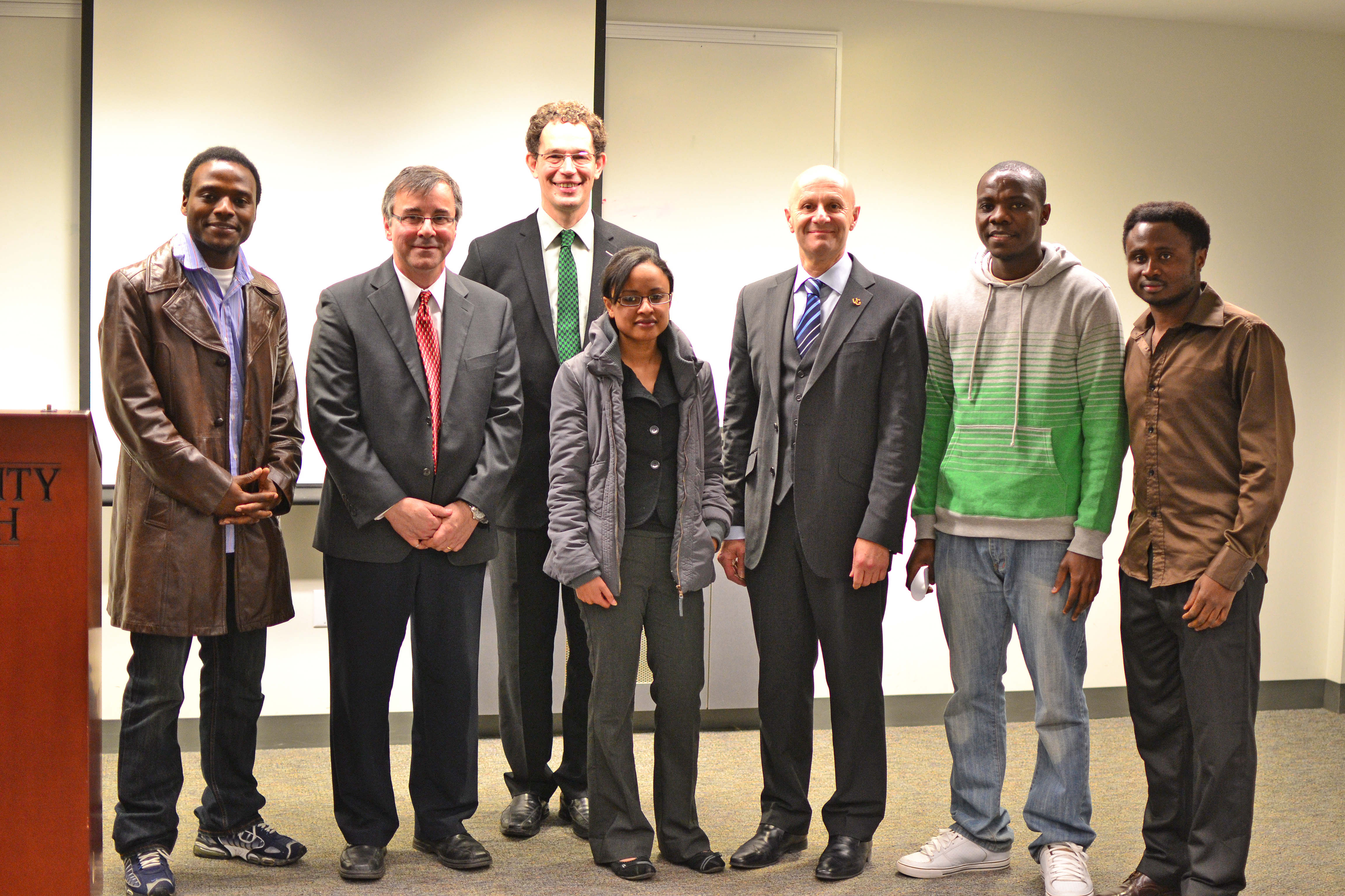 PI Director and AIMS founder Neil Turok (second from left) and University of Guelph President Alastair Summerlee (third from right) with AIMS graduates (from left to right) Joachim Nsofini, Dimbinirina Ramarimbahoaka, Solomon Akaraka Owerre, and Akosa Collins Ashu.