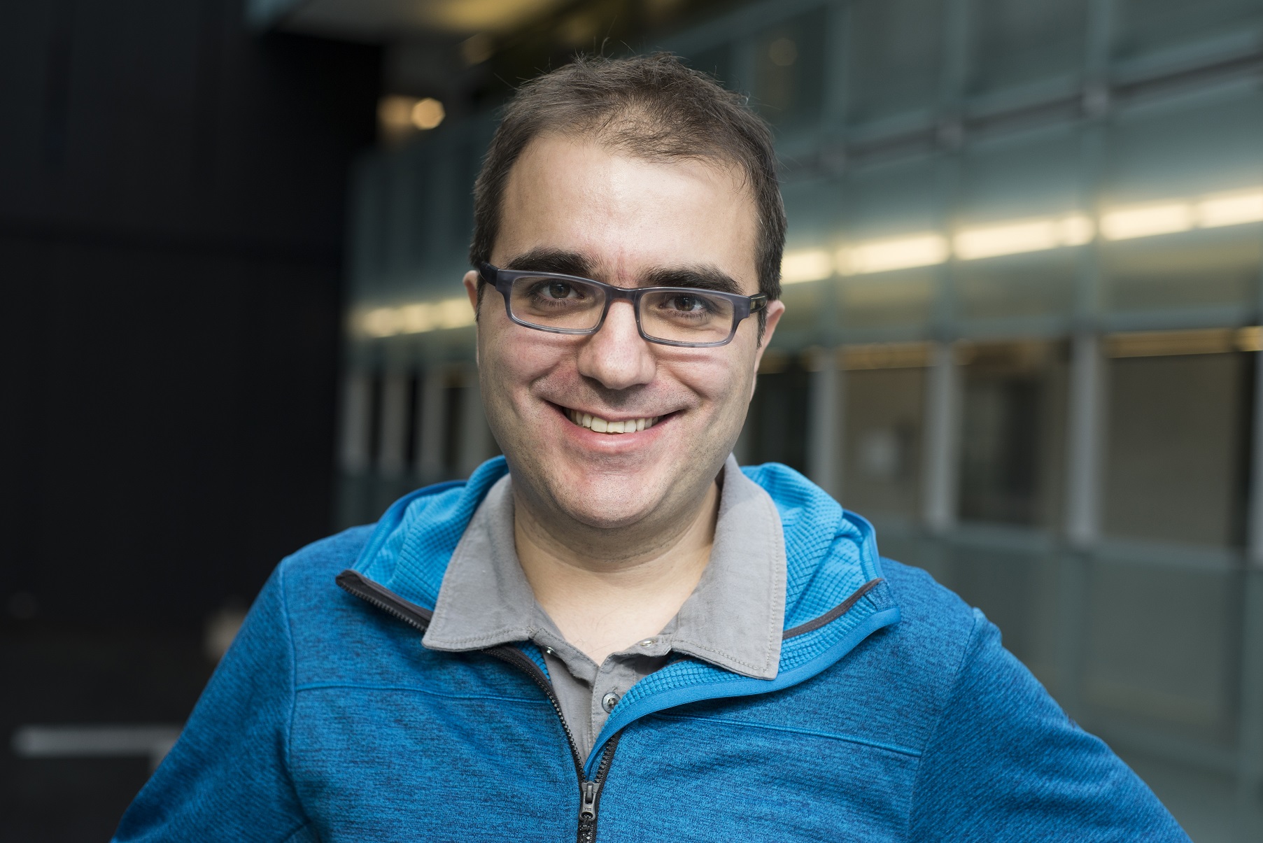 Portrait of 2017 Sackler Prize winner Pedro Vieira in Perimeter Institute's atrium