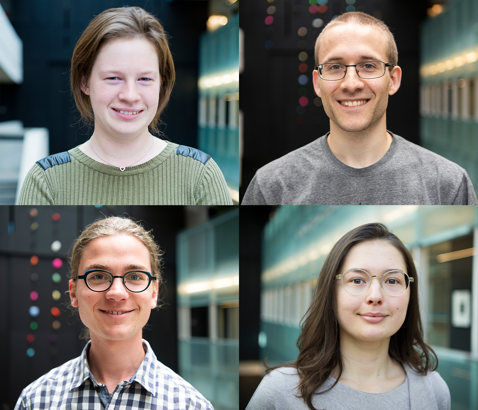 Portraits of Fiona McCarthy, David Schmid, Florian Hopfmueller, and Anna Golubeva in the atrium of PI