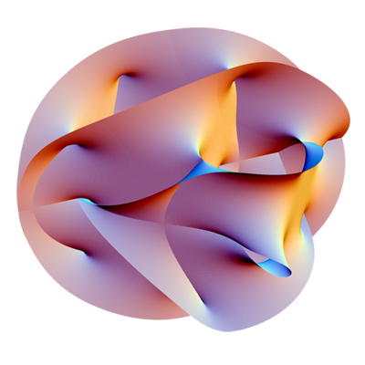 Dessin d'un «&nbsp;collecteur Calabi-Yau » en 6 dimensions, qui ressemble à un ruban plié et tordu en une boule entrelacée