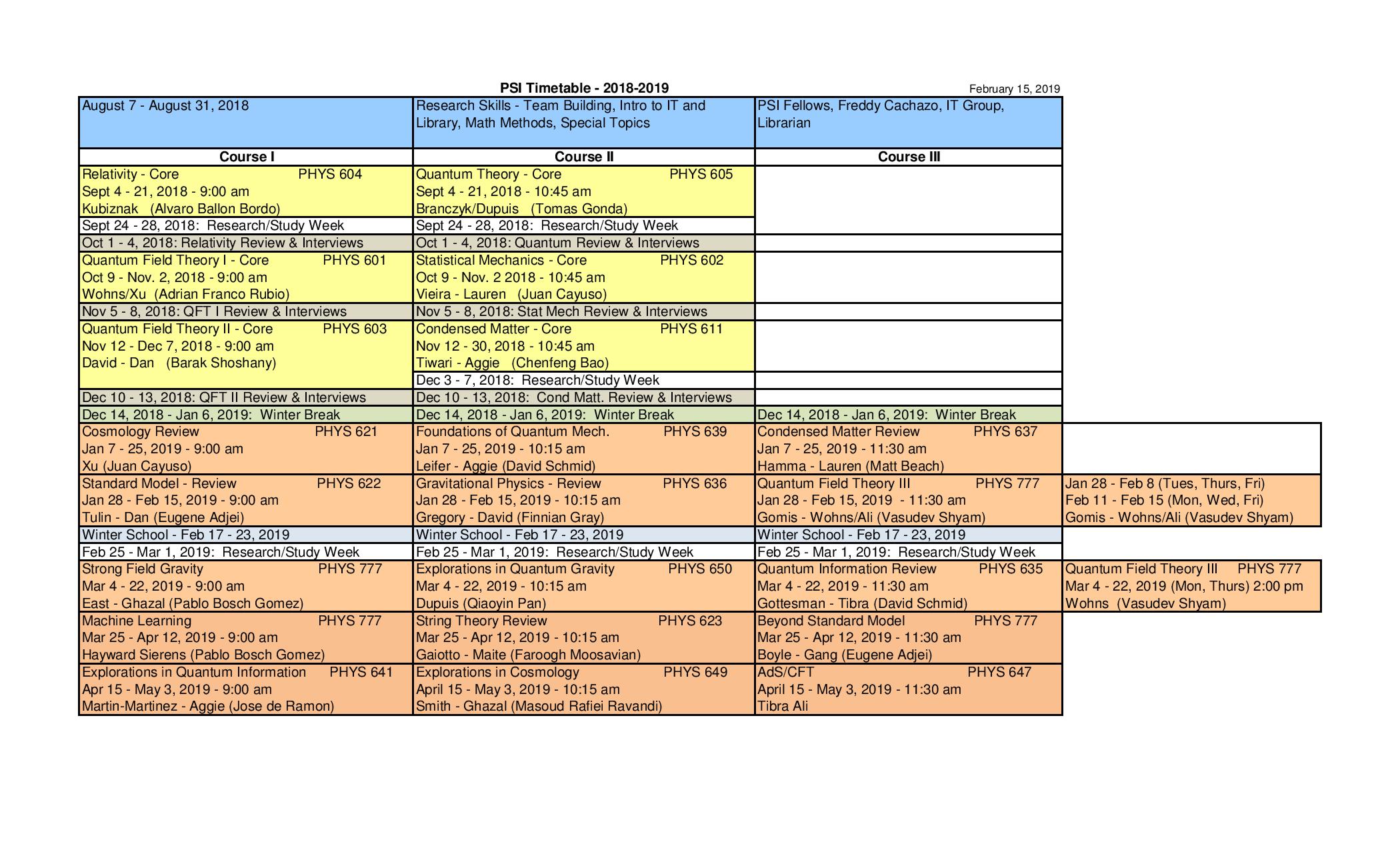 2018/2019 PSI Timetable