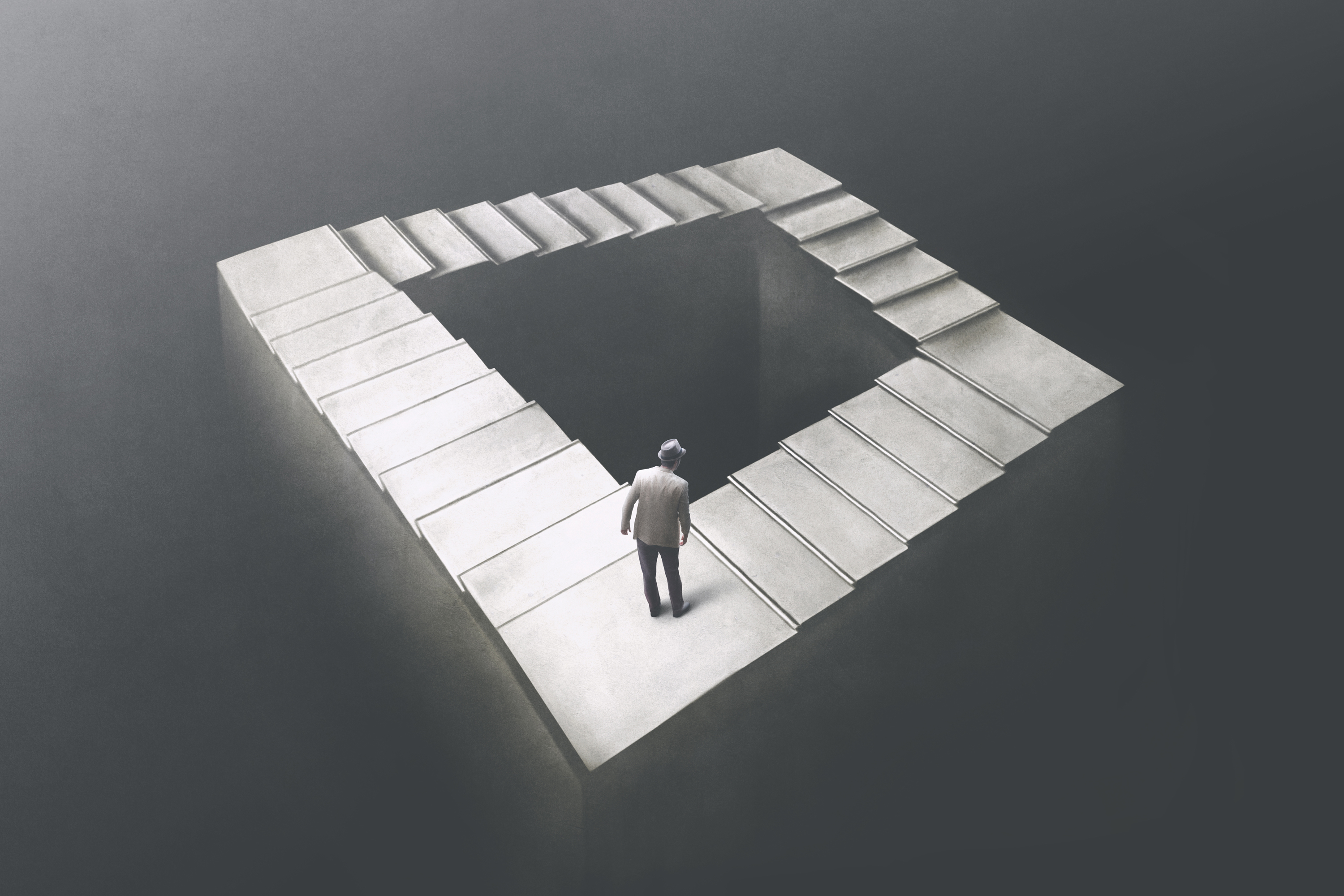 Black and white illustration of a figure climbing a square staircase