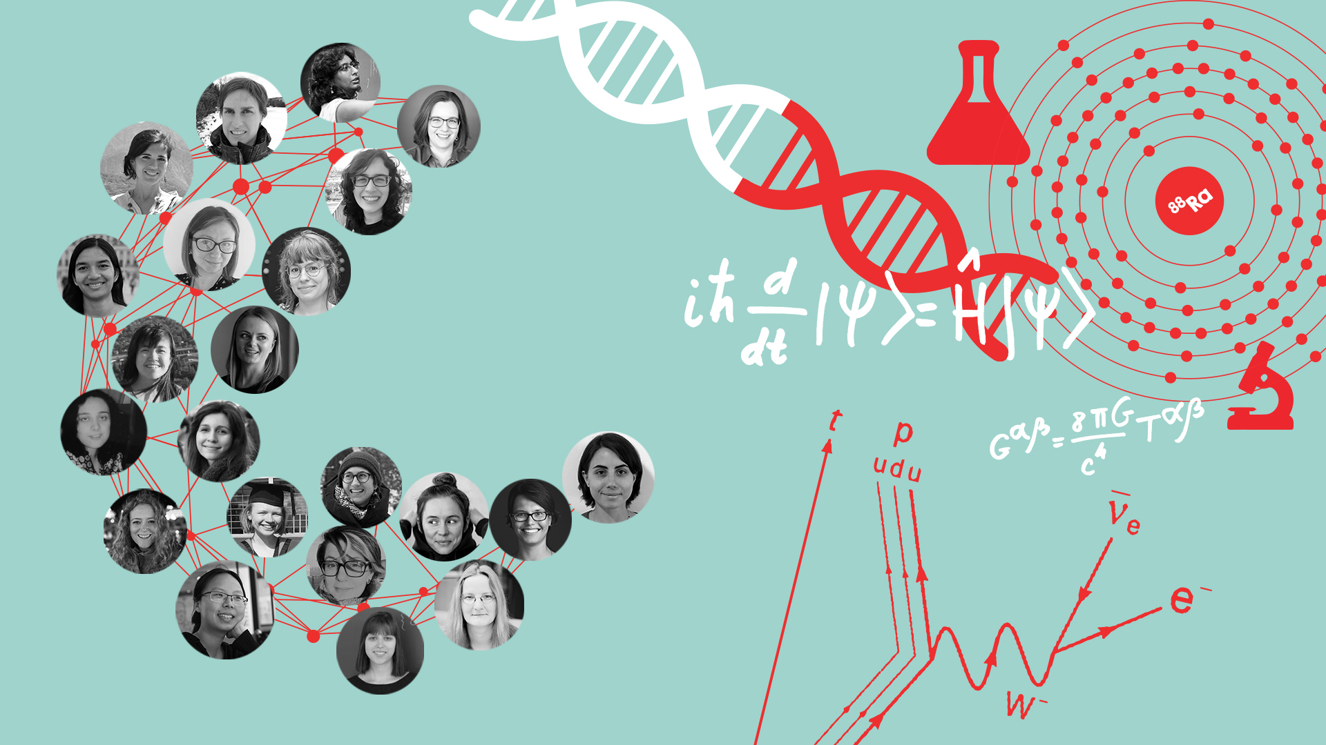 Illustration with women's faces and some science graphics