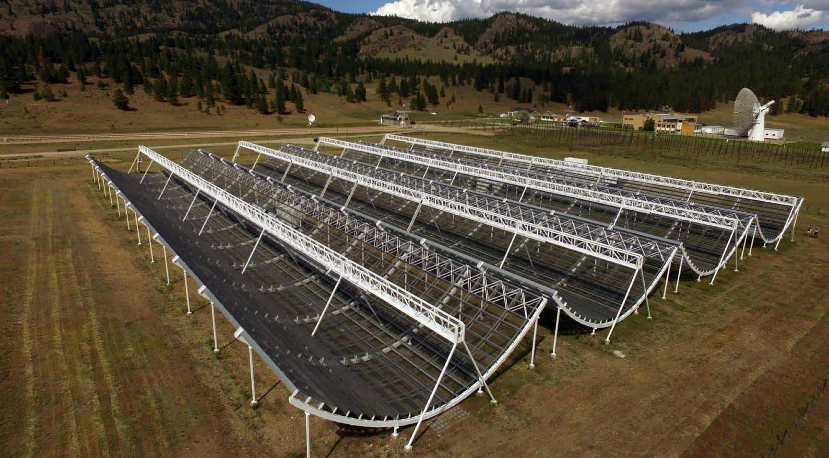 Aerial shot of field with special telescopes