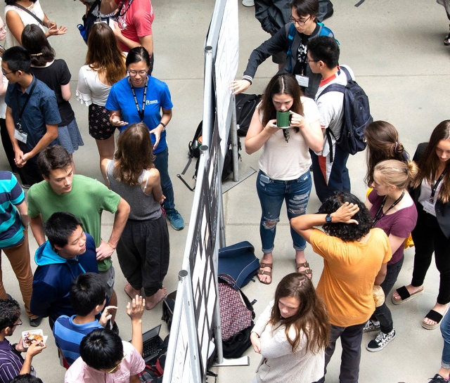 Aerial shot of a group of students in an atrium