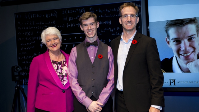 Sean Begy, recipient of the Luke-Santi Memorial award, posing with with Ontario Minister of Education Liz Sandals and Perimeter Outreach Director Greg Dick.