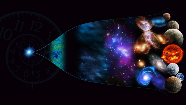 Illustration to show the Big Bang from spark of light into galaxies, planets, etc.