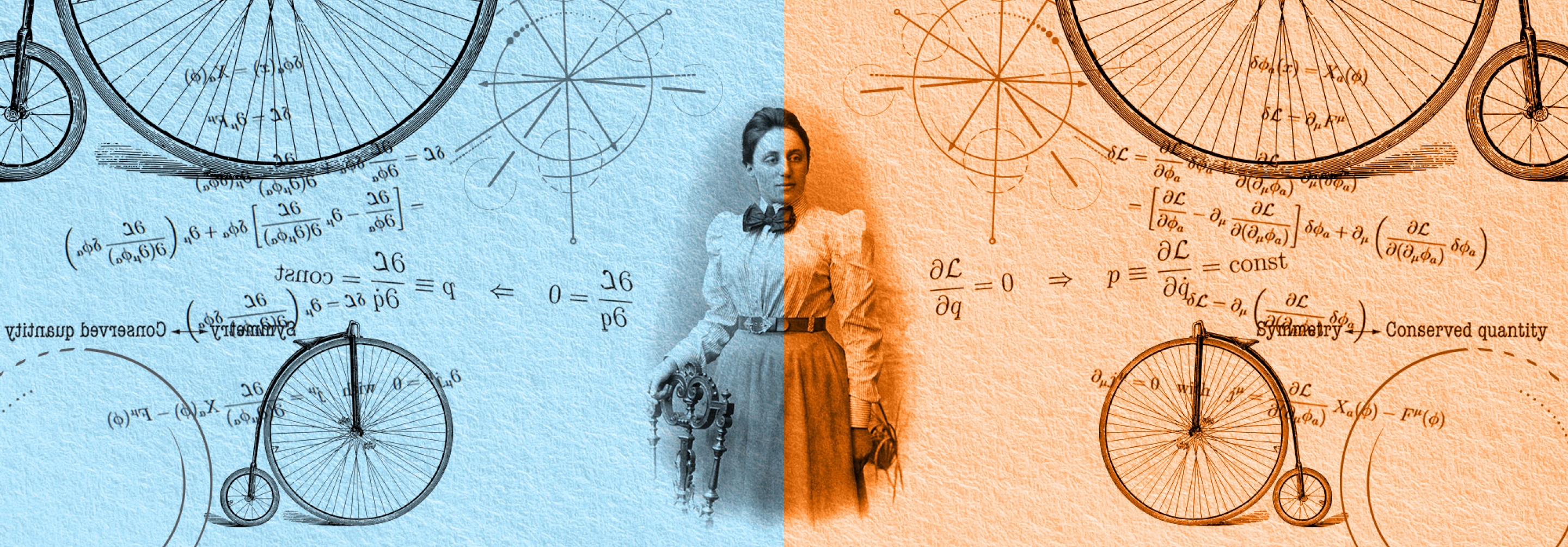 Collage of Emmy Noether and equations with one half blue and the other half orange