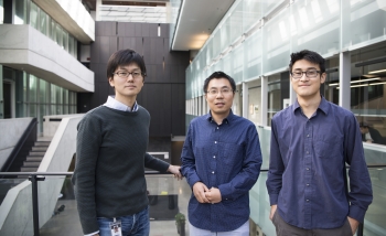 Beni Yoshida, Yin-Chen He, and Timothy Hsieh standing in the Perimeter atrium.