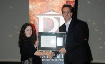 Paige Murphy, 2012 Luke Santi Memorial Award winner posing with her award and shaking the hand of Greg Dick, Perimeter Director of Educational Outreach,