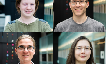 Portraits of Fiona McCarthy, David Schmid, Florian Hopfmueller, and Anna Golubeva in the atrium of PI