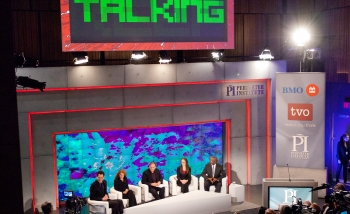 Overhead view of the TVO broadcast recording at the grand opening of the Stephen Hawking Centre at Perimeter Institute