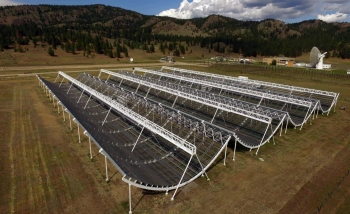 Aerial shot of field with special telescopes