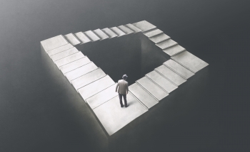 Black and white illustration of a figure climbing a square staircase