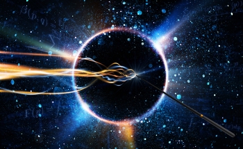 Abstract image of galaxy of stars with a ring of light, magic wand and yellow and blue light swirls coming from the tip